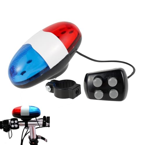 4-Sound Police Siren Horn Bell with 6-LED Flashing Blue/Red Bicycle Safety Light, Battery-Powered for Mountain & Road