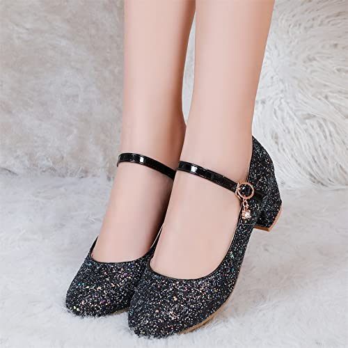 Elbslutt Women's Glitter Chunky Heels Mary Janes Sparkly Round Toe Ankle Strap Mid Block Heel Pumps Sequin Dress Shoes2