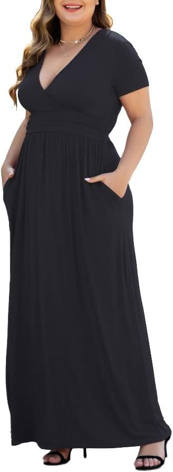Women's L-5XL Short Sleeve V-Neck Plus Size Maxi Dresses with Pockets