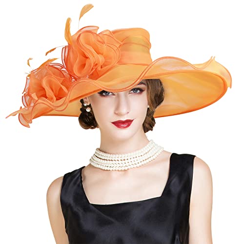 2026 Derby Hats for Women Girls Ladies, Organza Church Tea Party Wedding Fascinator Hat UV Protection Sun Hat Orange