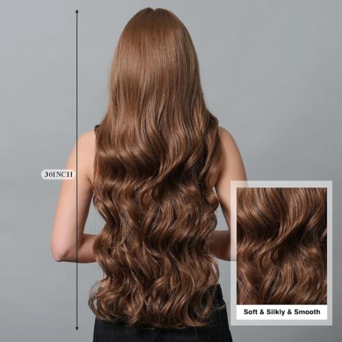 Peruki do włosów Super Long Golden Brown Wavy Synthetic Wigs with Bangs for Women Daily Cosplay Party Use Natural Heat Resistant Hair Wig