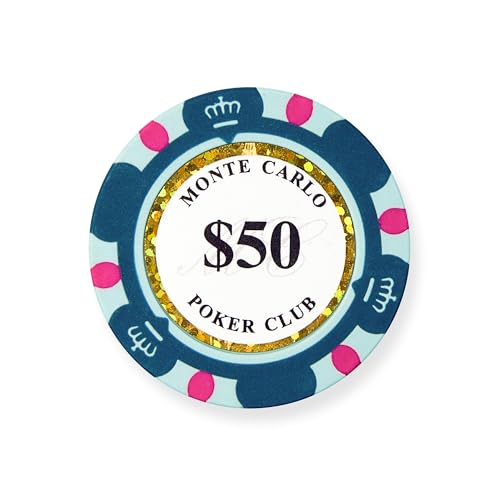 50 pcs Monte Carlo Poker Club 3-Tone Clay Composite 14 Gram Heavy Poker Chips by MRC (Teal $50)
