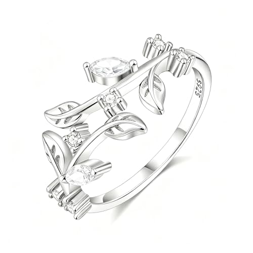 Prismata Leaf Diamond Birthstone Ring 925 Sterling Silver Leaf Open