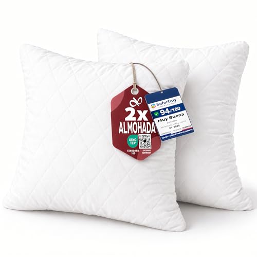 Flowen Almohadas Para Cama 65x65 2 Unidades Relleno Cojin Hipoalergénico Antiácaros Y Suave Cuadrado Para Hogar Con Funda De Almohada Acolchada Blanco Extraíble Y Lavable