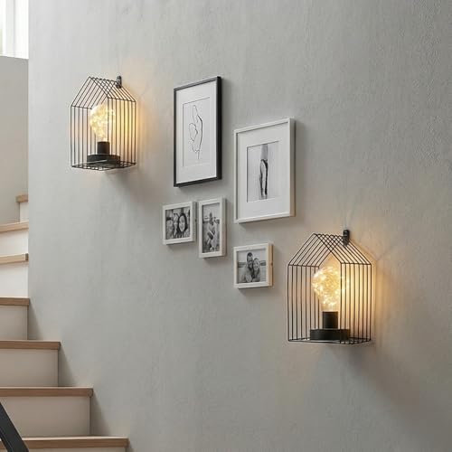 Image of JHY DESIGN Set of 2 Battery Operated Table Lamp 18cm H Vintage Wall Sconce Metal Cage Hanging Cordless Wall Mount Lamp with 6-Hours Timer for Home Room Wall Wedding Indoor Outdoor (Black Spire)
