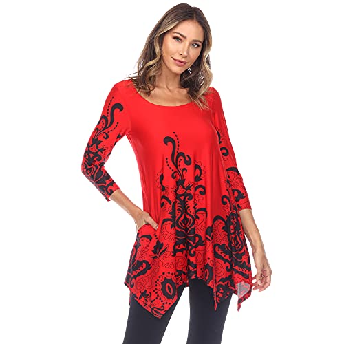 White Mark Women's ''Yanette'' Paisley Floral Print Tunic Top (Red & Black, Large)
