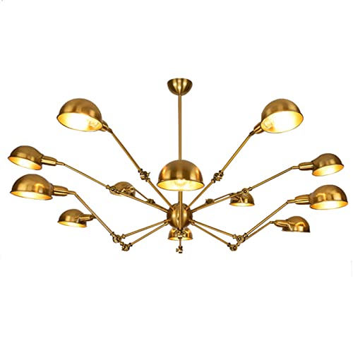 DMNSDD 12-Light Flexible Pendant Lights, Multiple Adjustable DIY Ceiling Spider Lamp, Industrial Vintage Brass Finish Chandelier Hanging Lighting for Bedroom