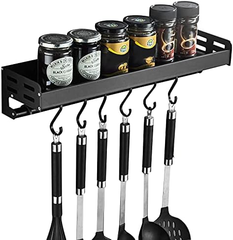 mensola da Cucina, Mensola Organizer, mensola da Cucina portaoggetti organizzatore a Parete di Utensili da Cucina mensola per spezie con 6 Ganci Rimovibili per corridoio Bagno Cucina.(Black)