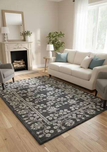 Image of Restoration and Renovation Kanneddy Hand-Tufted Wool Area Rug (Charcoal, 4x6 ft) - Traditional Floral Vine Pattern, Soft Plush Pile - Classic Living Room, Bedroom, Dining Room & Home Decor