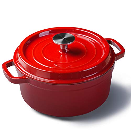Olla de Horno Holandés Con Tapa, Horno Holandés de Hierro Fundido Esmaltado Redondo Rojo con Asas Dobles para Cocinar, Hornear, Refrigerar y Hornear Pan(24cm)