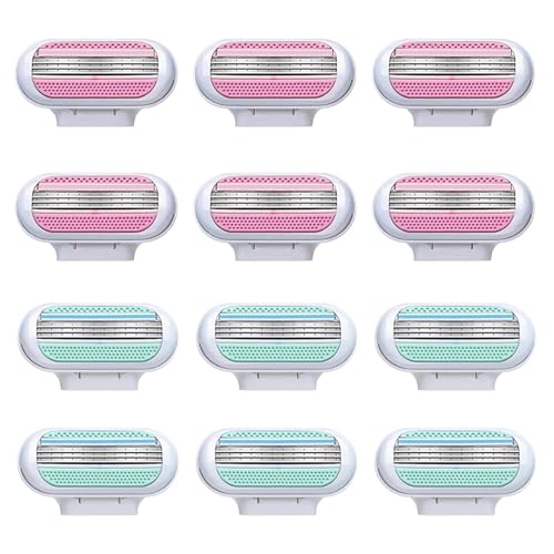 12 Piezas Recambios Maquinilla Depilación Mujer, Cuchillas de Afeitar Mujer, Cuchillas 3 Capas para Axilas, Compatibles con Mangos Venus, Recambios de Cuchillas de Afeitar, Rosa y Azul