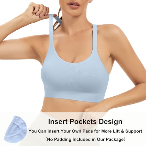 Comfyin Biustonosze sportowe typu racerback dla kobiet niewyściełany biustonosz treningowy bezszwowy joga siłownia fitness top, NIEBIESKI, L