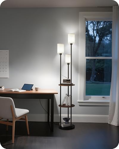 GOEBLESON Stehlampe Wohnzimmer mit Ablage, 3-flammige Stehleuchte mit Regal Vintage, Boho Standleuchte aus Holz mit Fußschalter, E27 Fassung, retro rustikalbraun und beige ZEF53LDD05