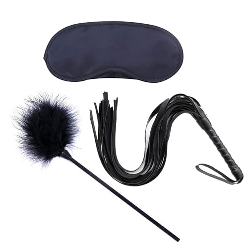 HJYZY 3 pcs Feather Tickler and Eye Mask Black Riding Whip Faux Leather Horse Riding Whip Leather Riding Crop for Horses for Lover Costume French Maid Costume Accessory Kit