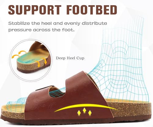 Image of ONCAI Womens Flat Slide Sandals with Arch Support 2 Strap Adjustable Buckle Slip on Slides Shoes Non Slip Rubber Sole