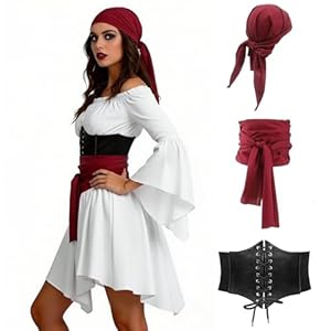 Piratenkostüm Damen Set, Piraten Karneval Kostüm Damen, Off-Shoulder Weißes Kleid mit Korsett, Kopftuch & Taillenschal Mittelalter Kleidung Frauen Piratin Outfit für Halloween Fasching Cosplay