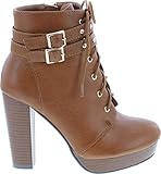 TOP Moda Women's Cici-1 High Heel Lace Up Ankle Boots Platform Booties With Studs,Tan PU,8.5