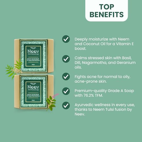 Neev Neem Tulsi Handmade Soap | Purifying & Rejuvenating | Antibacterial Ayurvedic Bath Bar | For Acne-Prone & Oily Skin | 100g Each (Pack of 2)