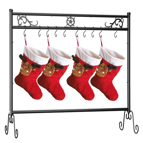 CYPERGALA Christmas Stocking Holder Stand with 10 Hooks - Heavy Duty Rack Stocking Hooks for Hang up to 10 Holiday Stockings, Ornaments, Black