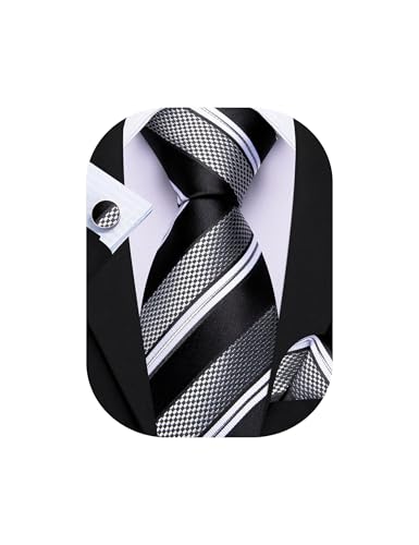 Barry.Wang Black White Grey Tie for Men Striped Silk Necktie Pocket Square Cufflinks Set Formal Wedding Party Business