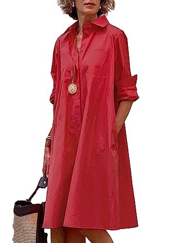 Image of chouyatou Women's Spring Summer Button-Down Shirt Dress Loose A-Line Midi Shift Tunic Dress