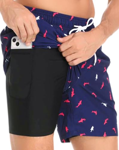 Image of Mens Swim Trunks Compression Liner No Mesh Swimming Trunks Men Swimwear Quick Dry Above Knee Zipper Pocket Swim Shorts
