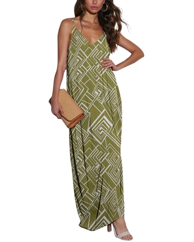 Poetsky Cruise Long Dresses for Women 2024 Sleeveless Boho Summer Dress with Pockets (Green Print L)