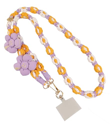 [NEZIH] ロング スマホストラップ 花柄 編み込み ショルダーストラップ レディース ネックストラップ リストストラップ 肩掛け 斜めがけ ホルダー 落下防止 フラワー 編み 手作り 可愛い(Free Sizeパープル)