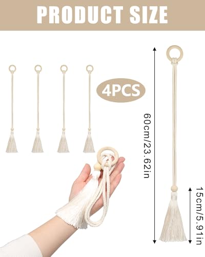 4 Pcs Boho Curtain Tiebacks Macrame Cotton Tassel Tiebacks Handmade Woven Rope Holdbacks with Leaf Design Beige Curtain Tassel Tiebacks for Indoor Outdoor Drapes Living Room Bedroom Patio Deco