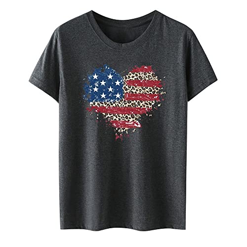Women Basic Tops Summer Casual Short Sleeve Shirts Hide Belly Tees Tshirts Elastic Blouse Cute Usa Flag Heart Graphic #TOP4