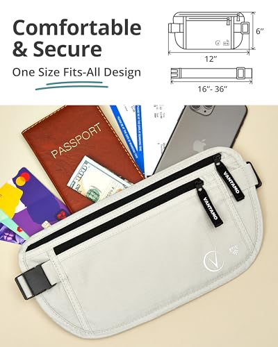 Image of Vantamo Money Belt with RFID For Men & Women, Hidden Passport Holder for Travel, 2 Compartment Travel Fanny Pack for Women Anti Theft