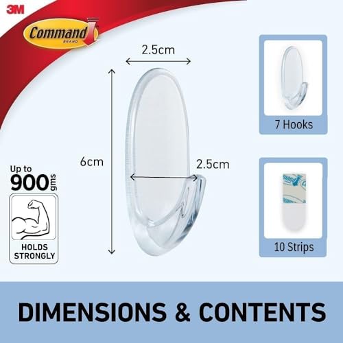 Command Clear Medium Hooks with Clear Strips, Multi Pack of 7 Hooks + 10 Adhesive Strips - Indoor Use - Suitable for Hanging Items up to 900 g - Damage Free Hanging