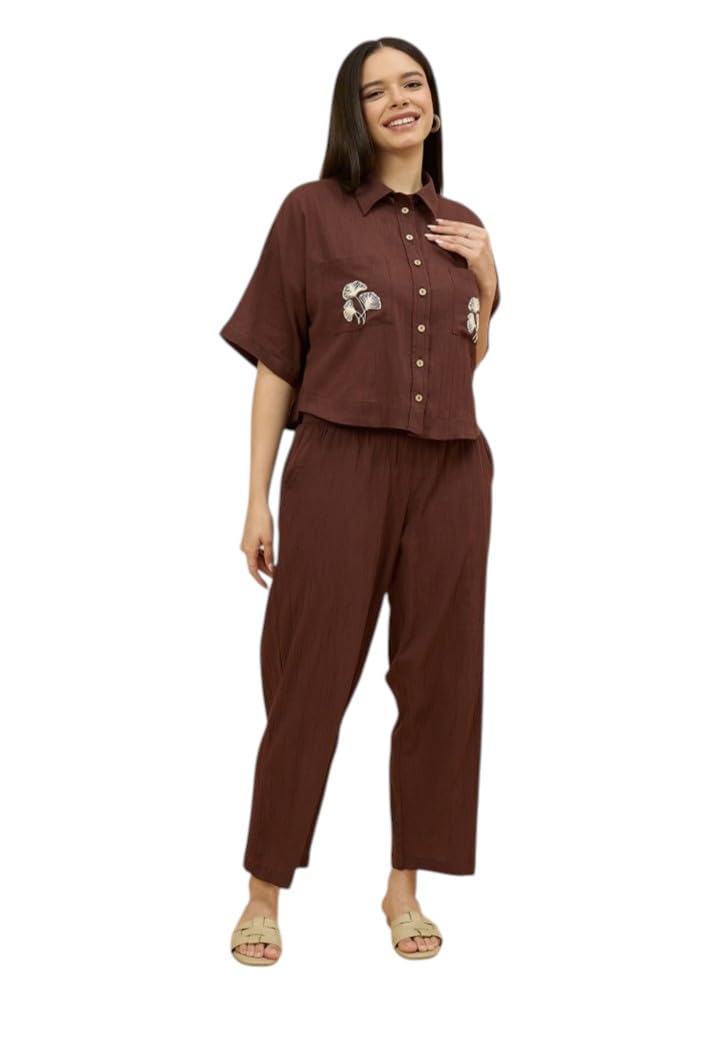 azira Brown Crinkle Cotton Embroidered Co-Ord Set for Women Casual Wear Relaxed Fit (S TO XXL)-picture-17