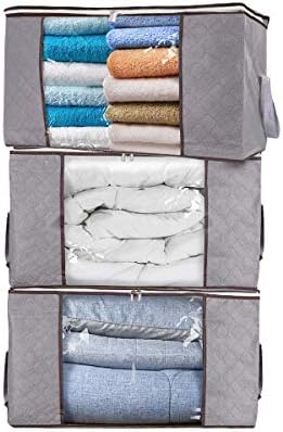 MOLOVA Large Capacity Foldable Clothes Storage Bag Organizers, Waterproof Durable Fabric, Idea for Clothes, Blankets, Comforters, Bedding, 3-Pack, 84L，Gray