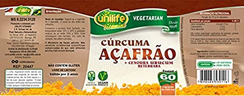 Unilife Cúrcuma Açafrão +cenoura, urucum, beterraba 500mg 60 cápsulas