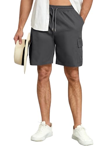 3rd hill Men's Cargo Shorts Casual Elastic Waist Drawstring Summer Cotton Work Jogger Shorts with 5 Pockets for Golf Hiking Gray L