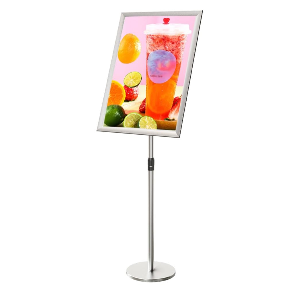 Soporte para letreros con Pedestal Ajustable Plateado - Expositor de menús A2 Resistente con Base Redonda para Bodas y promociones comerciales, avisos y anuncios.