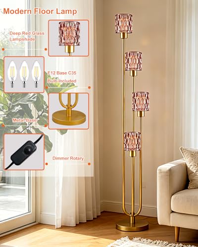 Image of Lightdot 4-Lights Glass Floor Lamp Dimmable Gold Floor Lamps with Deep Red Glass Shade 3000K Bulbs Included Unique Modern Standing Tall Lamp with 5Lbs Heavy Base for Living Room /Bedroom /Sofa Beside