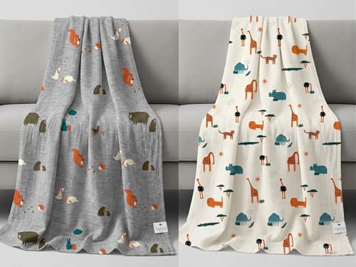Image of Trance Home Linen Super Soft 100% Cotton Flannel Swaddle Cloth I Swaddle Wrap | Swaddle for New Born Baby |Baby Shower Set (90x90 cm, Jungle White Grey, Pack of 2)