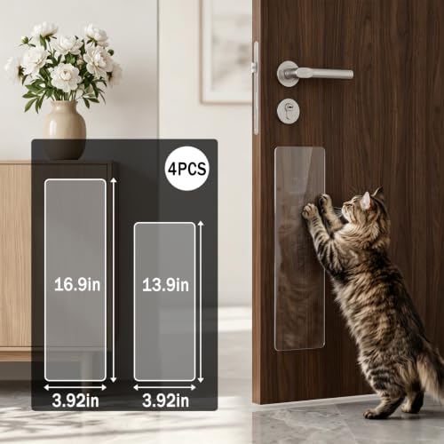 4 Pack Thickened Acrylic Door Protectors from Dog Scratching, Self-Adhesive Anti‑Scratch Panels with Rounded Corners, Ideal as Kick Plates for Dogs & Cats (4x14 Inch, 4x17 Inch)