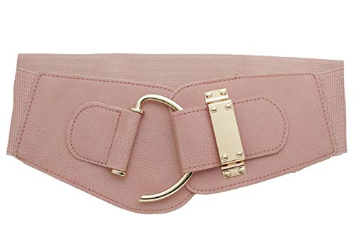 TFJ Women Western Stretch Fashion Belt Big Gold Metal Hook Buckle S M Light Pink Color