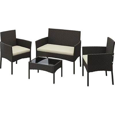 Yaheetech Patio Furniture Set 4 Pieces Conversation Sets, Rattan Chair Wicker Set Loveseat with Soft Cushion and Glass Table for Backyard Porch Garden Poolside Balcony, Brown and Beige