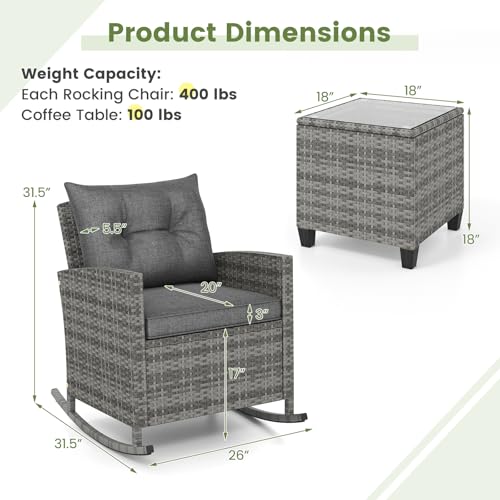 KOTEK 3 Piece Patio Furniture Rocking Bistro Set, Wicker Outdoor Rocking Chairs & Glass Table, PE Rattan Conversation Set for Porch, Balcony, Deck, Poolside (Mix Grey- Grey)