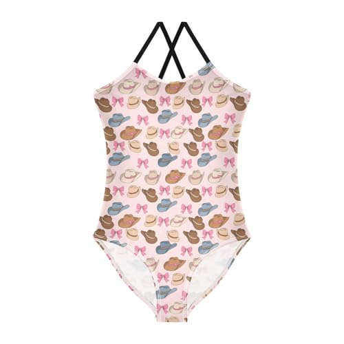 senya Girls Swimsuits One-Piece Swimwear Tie Bathing Suit Beach Summer Round Neck 7-8T Bow Hat Pattern