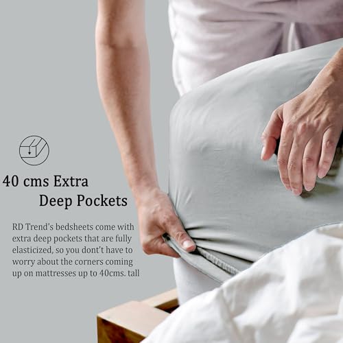 Image of RD TREND Microfiber Satin Weave Fitted Bedsheets for Queen Size Bed 78x60x10 Inch with 2 Pillow Covers-18x28 Inch | 400 TC All Around Elastic | Silver
