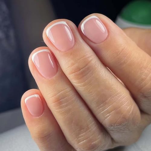 Short False Nails - 24Pcs French Tip False Nails - False Nails with Glue - White French Manicure Press on Nails - Glossy Full Cover Glue Stick on Nails DIY Nail Art Gifts for Women