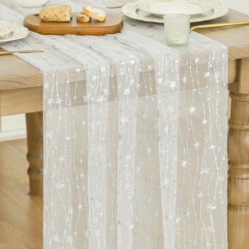 Artoid Mode Stars White Gauze Table Runner 10FT, Glitter Metallic Foil Sheer Dining Wedding Anniversary Holiday Birthday Table Decor for Home Party