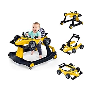 COSTWAY Loopwagen, 4-in-1 loophulp, inklapbaar, met instelbare hoogte en snelheid, babywalker, in de vorm van een auto, met muziek, licht, antislip pads en wielen, voor baby‘s vanaf 6 maanden, geel