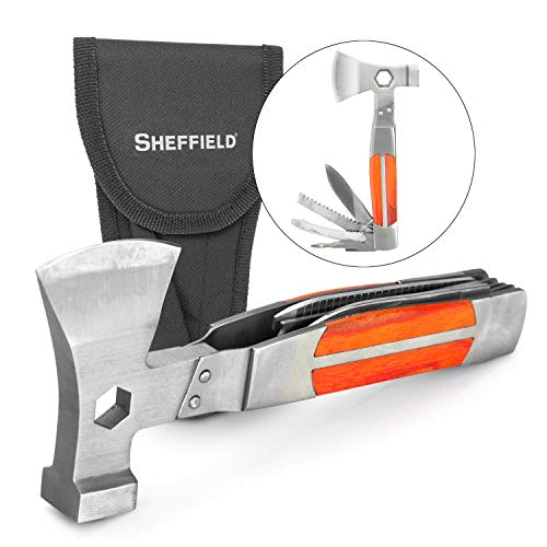 Sheffield 12301 Camper 12-In-1 Axe-Head Multi Tool, Axe, Hammer, Screwdrivers, Fish Scaler, Hex Key Wrench, Wood Saw, & Much More – In One Powerful Survival Gear Tool #TOP1