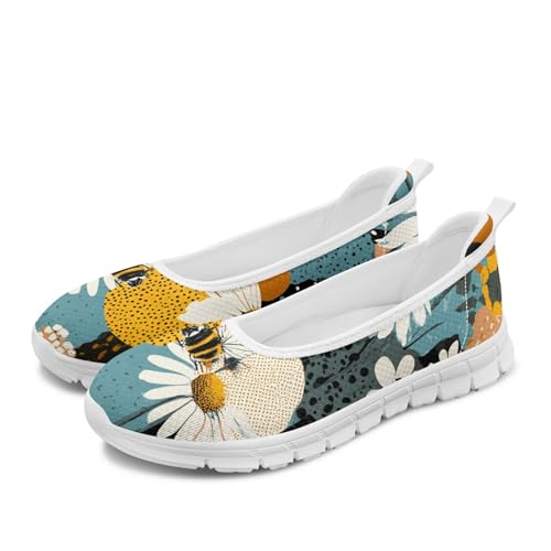 Modysero Novelty Womens Ballet Flats Daisy Bee Polka Dot Slip On Mesh Shoes for Women Round Toe Flats Comfortable Summer Walking Shoes Casual Daily Dress Shoes for Ladies